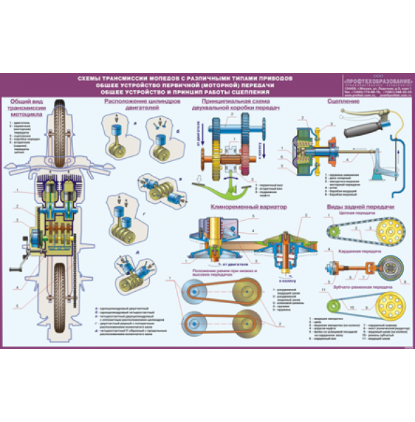 Стенд "Схемы трансмиссии мопедов с различными типами приводов Общее устройство первичной (моторной) передачи. Общее устройство и принцип работы сцепления"